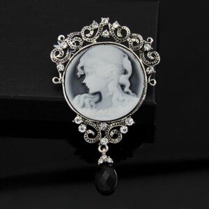 CAMEO brooch, gray background, pave stones and black crystal drop